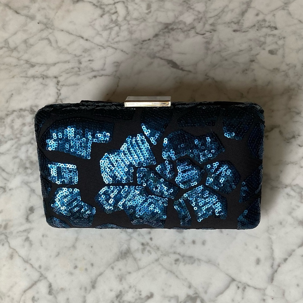 Tadashi Shoji blue sequin clutch with dust bag